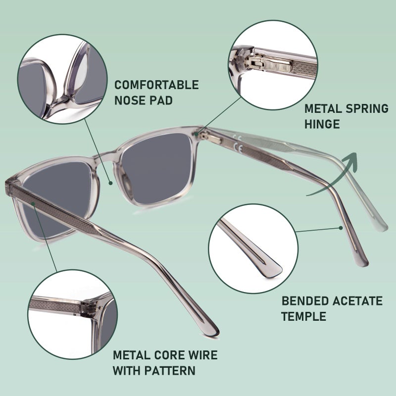 DEHOTRE Progressive Multifocal Reading Sunglasses Men No Line Bifocal Sun Readers with Core Wire Zero Top Spring Hinge UV400 Grey 1.50 - Image 3